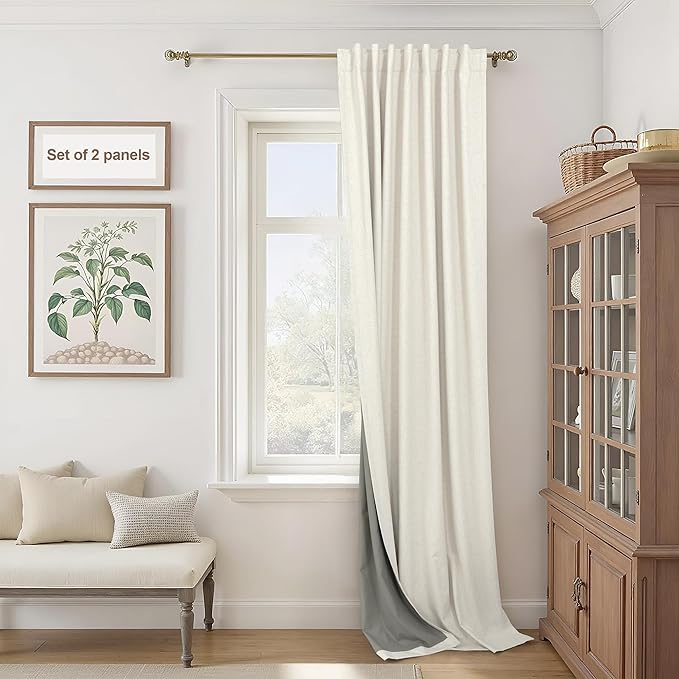 Extra Wide Room Darkening 90 Inch Curtains 2 Panels for Living Room Ivory Cream Colored Linen Blackout Curtain for Bedroom Windows 120 to 140 Privacy Thermal Window Drapes Back Tab Pocket 70x90 Long