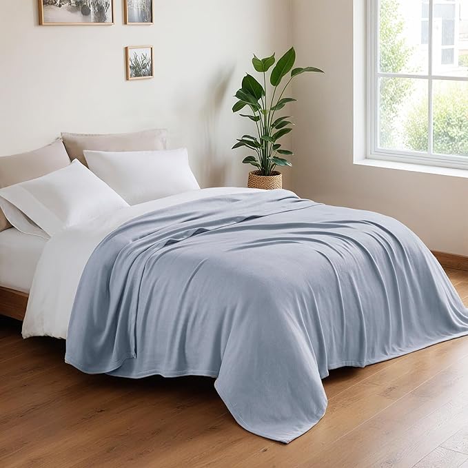 Queen Size Blanket, 70% Rayon (Derived from Bamboo) and 30% Cotton, Lightweight Jacquard Weave, Breathable and Soft Summer Blanket for Bed or Couch, 90” x 90”, Light Blue