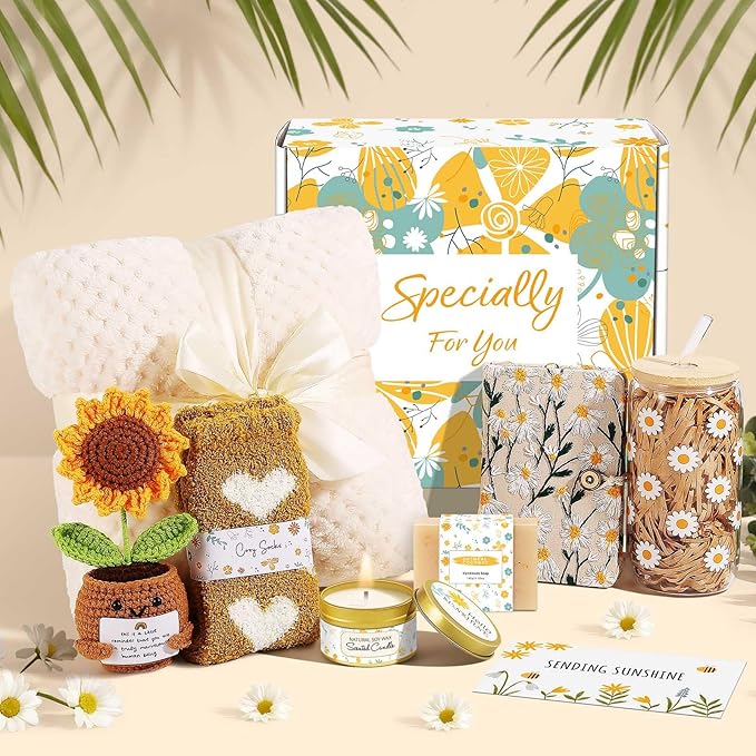 Self Care Gifts for Women Gift Baskets，Sending Sunshine Thinking of You Care Package Spa Gift Sets, Birthday Christmas Gifts for Women Best Friends Mom Sister Wife Grandma Her