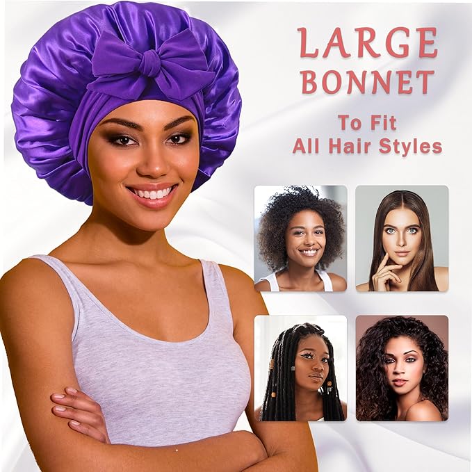 Bonnet with Tie Band, Satin Hair Silk Bonnet for Sleeping Women, Sleep Bonnets for Women, Double Layer Sleep Cap for Curly Hair Braids