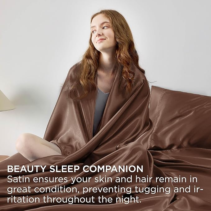 Bedsure Satin Sheets Full Size - 4 Piece Silky Bedsheets with 15 Inches Deep Pocket Fitted Bedsheet,1 Flat Sheet, 2 Satin Pillowcases, Good for Hair & Skin (Full, Coffee)