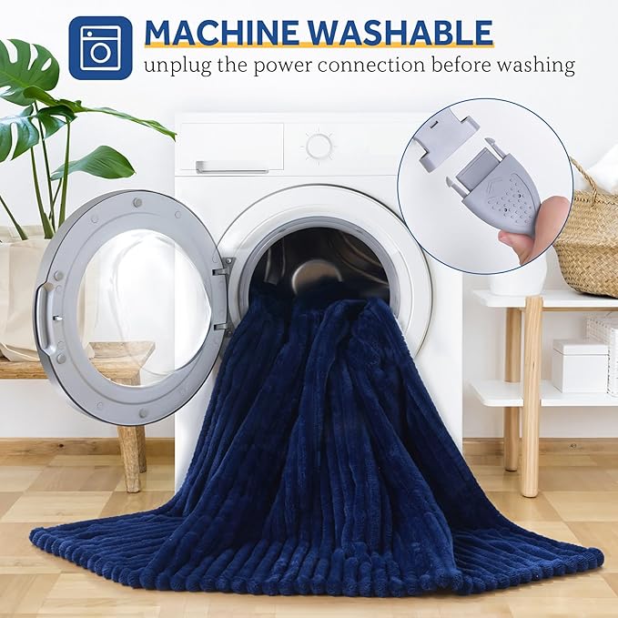 SEALY Heated Blanket Electric Throw, 50"x60" Heating Blanket Throw, 6 Heat Levels & 2-10 Hours Auto-Off Over-Heat Protection, Ribbed Flannel to Sherpa, Machine Washable, Navy Blue