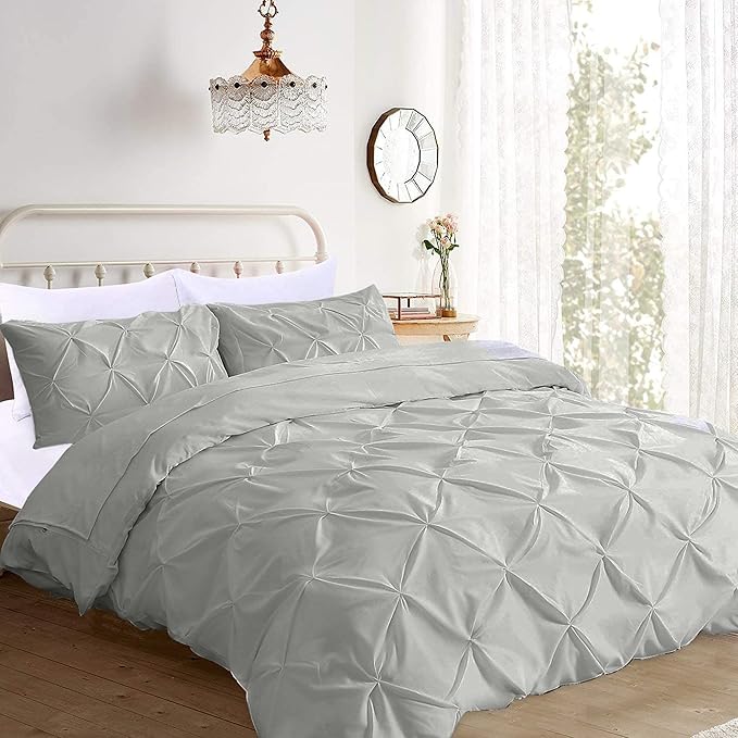 Pinch Pleated Duvet Cover Set 100% Brushed Microfiber 3PC Calking Size 98x104 Duvet Cover Set, Decorative Pinch Design Silver Grey Duvet Cover with Matching Pillow Case
