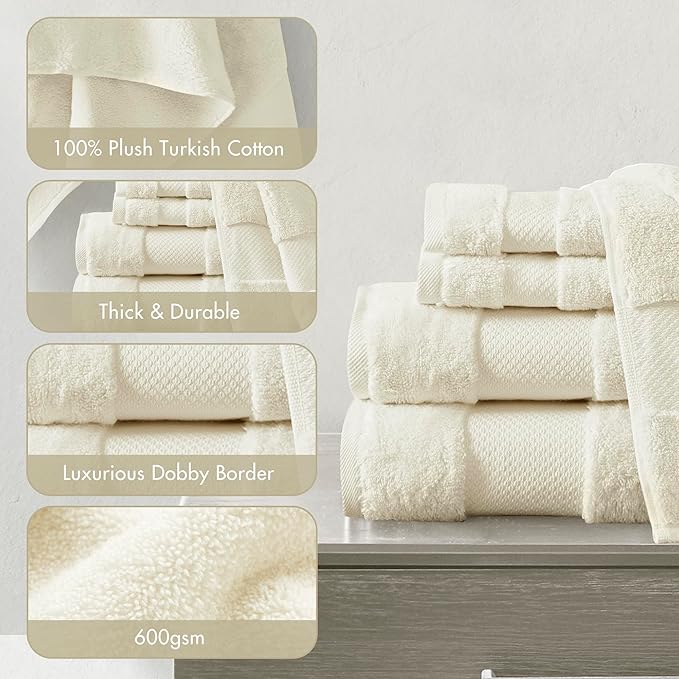 Madison Park Turkish 100% Cotton 600Gsm Luxury Premium Thick Soft Absorbent Hotel Bathroom Towel Set Shower Hand Face Washcloths, Assorted Sizes, Natural 6 Piece