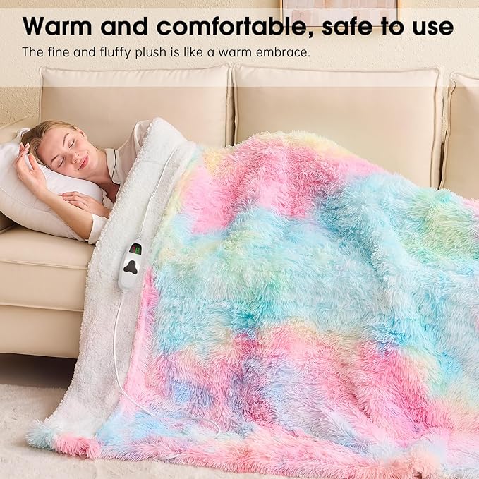 Heated Electric Blanket Twin,Warm Winter Birthday Gifts for Women Her Grandma–Faux Fur with Soft Sherpa,10 Heat Settings,5 Time Settings with Fast Heating, 62x84, Rainbow