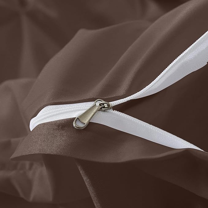 Pinch Pleated Duvet Cover Set 100% Brushed Microfiber 3PC Oversize Size 98x120 Duvet Cover Set, Decorative Pinch Design Brown Duvet Cover with Matching Pillow Case