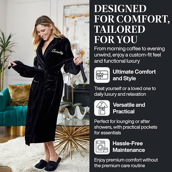 Lotus Linen Plush Robes for Women - Soft Bathrobe, Custom Monogram, Warm Fleece Robe with Pockets