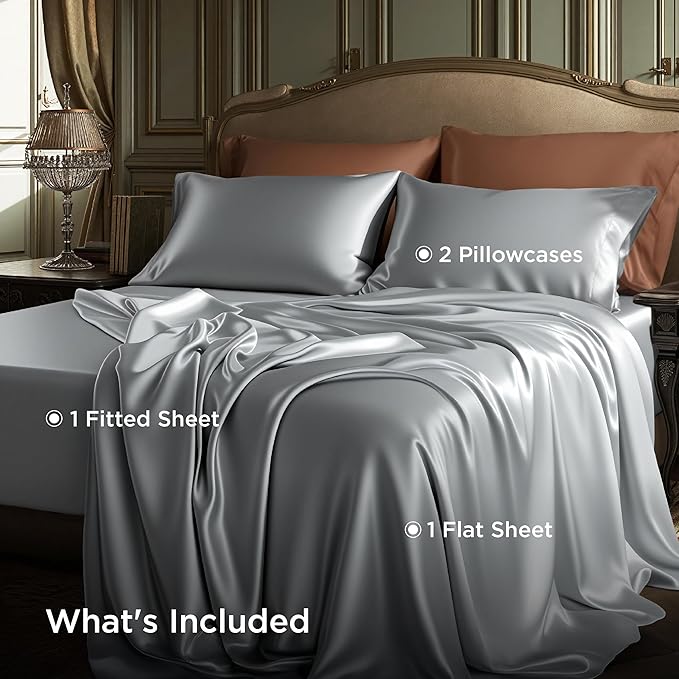 Bedsure Satin Sheets Full Size - 4 Piece Silky Bedsheets with 15 Inches Deep Pocket Fitted Bedsheet,1 Flat Sheet, 2 Satin Pillowcases, Good for Hair & Skin (Full, Silver Grey)