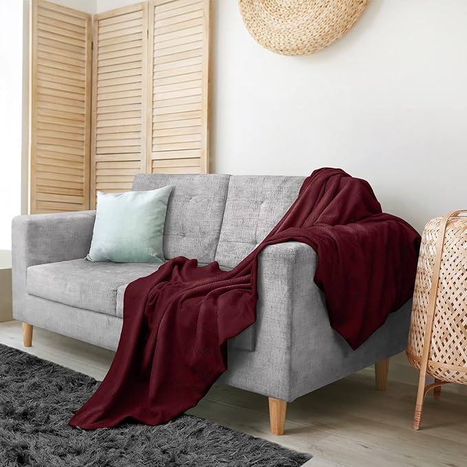 Utopia Bedding Burgundy 100% Cotton Blanket [Queen Size - 90x90 Inch] 350GSM Lightweight, Soft and Breathable Thermal Blanket for All Seasons