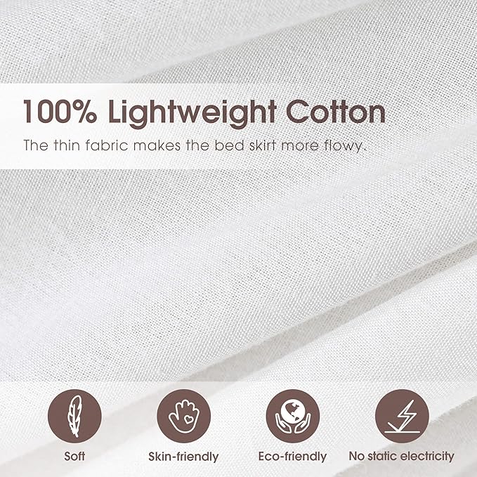 Queen Size 18" Drop - White Lightweight Cotton Bed Skirt with Crochet Edge - Dust Ruffle Whth Split Corner - Soft, Elegant, Breathable Bedding Accessory