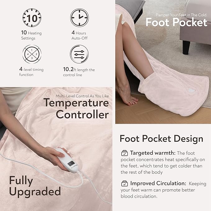 Wapaneus Foot Pocket Heated Blanket Electric Throw with 10 Heating Levels and 4 Timer Settings 4 Hours Auto Shut Off, Flannel Fast-Heating Heated Throw 50" x 60", Machine Washable, Pink