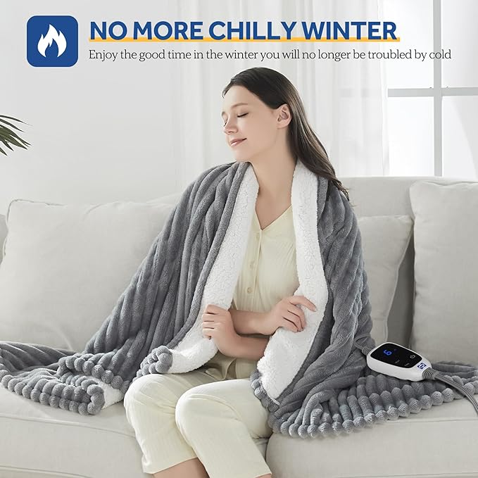 SEALY Heated Blanket Electric Throw, Ribbed Flannel to Sherpa,50"x60" Heating Blanket Throw, 6 Heat Levels & 2-10 Hours Auto-Off Over-Heat Protection, Machine Washable, Light Grey
