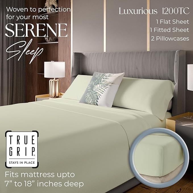 1200 Thread Count Queen Size Sheets Set Oatmeal, Ultra Soft Cotton Rich Easy Care Sateen Sheets, Moisture Wicking Bed Sheet with Deep Pocket (1 Flat Sheet, 1 Fitted Sheet & 2 Pillowcases)