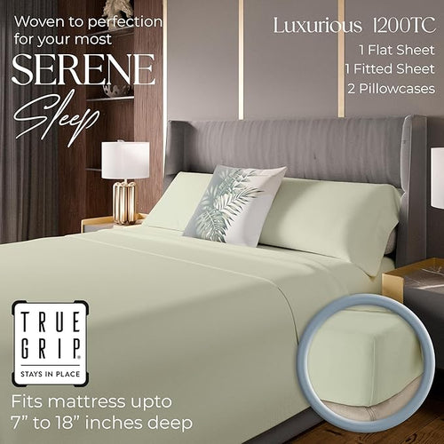 1200 Thread Count Cotton Rich Full Oatmeal Sheets Set, Ultra Soft & Silky Luxury Sateen Bed Sheets, Moisture Wicking & Wrinkle Resistant (1 Flat Sheet, 1 Fitted Sheet & 2 Pillowcases)