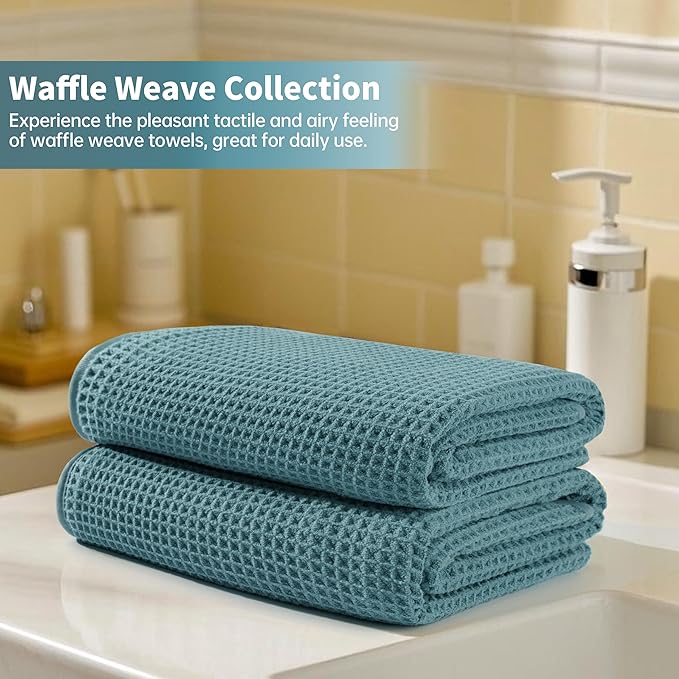 New Microfiber Waffle Bath Towels, 2 Pieces, Oversized, Soft, Absorbent, Fast Drying, Lint Free (Green)
