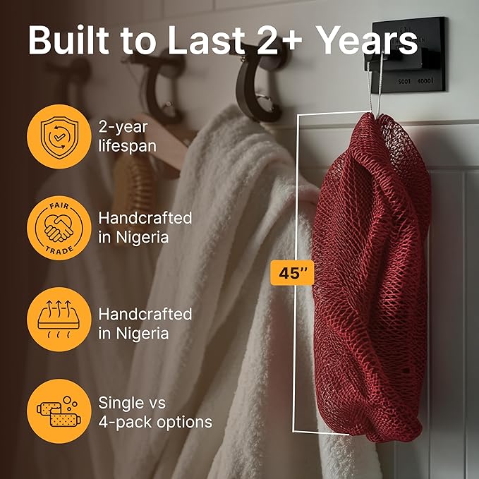 Nubiana African Net Sponge Authentic - 45 Inch Exfoliating Body Sponge from Nigeria - Natural Bath Sponge for Smooth Soft Skin - Long Lasting Quick-Drying - Single Pack (Wine Red)