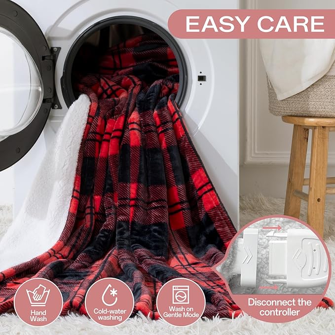 Heated Blanket Electric Throw, Heating Throw with 8 Fast Heating Levels/8 Hours Auto Off, Red Black Plaid Checkered Sherpa Blanket Warmer for Adults, Washable Blanket Gift for Couch Bed (50x60 inches)