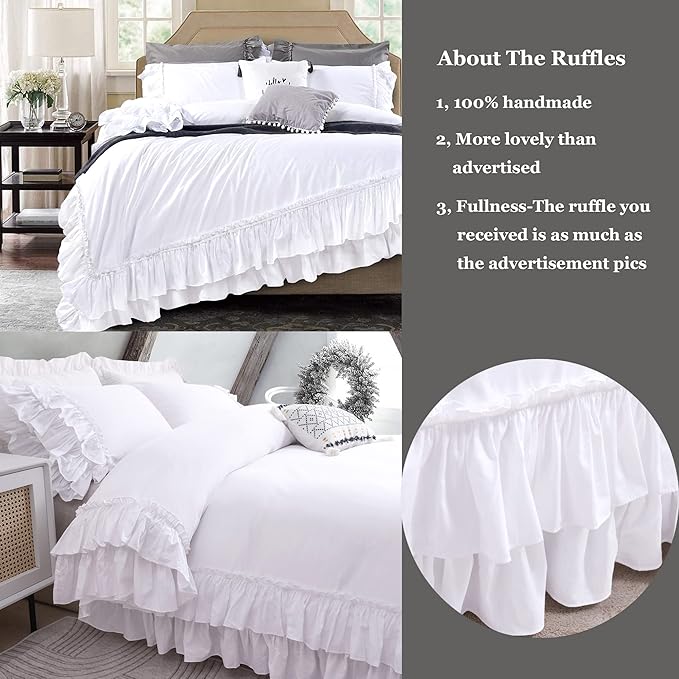 QSH Ruffle White Duvet Cover King Size-Washed Cotton Shabby Farmhouse Chic Ruffled Bedding 3pcs(1 Soft Linen Feel Cotton Duvet Cover +2 Ruffle Pillowshams) Aesthetic French Country King Bedding