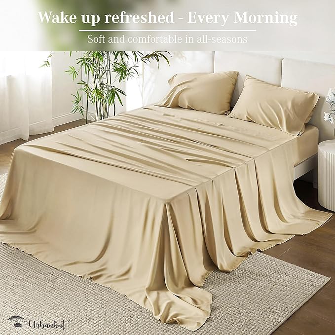 URBANHUT 1000 Thread Count Full Size Egyptian Cotton Sheets, Long Staple Soft & Breathable, 4 Pc Bed Sheet Sets, Luxury Hotel Sateen Sheets Fits 16" Deep Pocket - Sand
