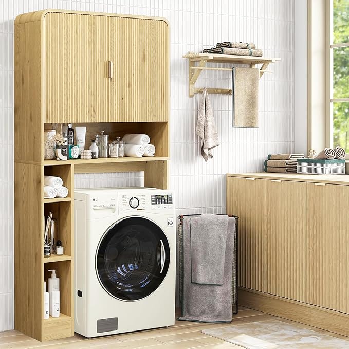 Over The Toilet Storage Cabinet, Farmhouse Bathroom Organizers and Storage with Fluted Doors & 8 Storage Compartments，Home Space-Saving Toilet Rack, for Bathroom, Restroom and Laundry