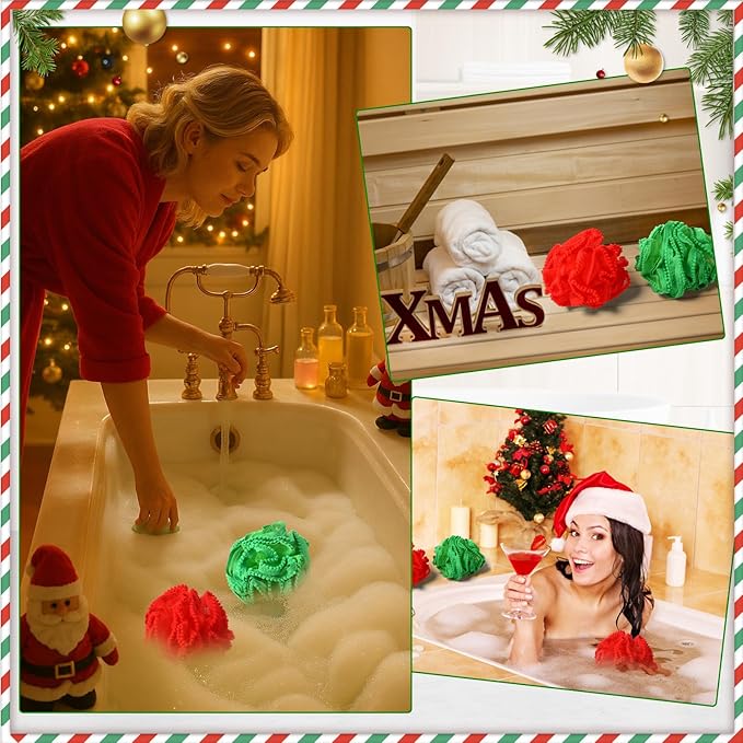 Duraaamo 12 Pcs Christmas Bath Loofah Sponge, Red Green Exfoliating Body Scrubber 50g Bath Shower Loofah Sponge Pouf Puff Mesh Shower Pouf Balls Soft Quick-Dry Cleanse Skin Accessories for Women Men