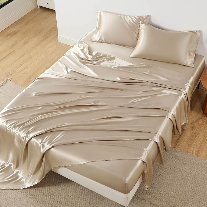 Bedsure Satin Sheets King Size - 4 Piece Silky Bedsheets with 15 Inches Deep Pocket Fitted Bedsheet,1 Flat Sheet, 2 Satin Pillowcases, Good for Hair & Skin (King, Khaki)