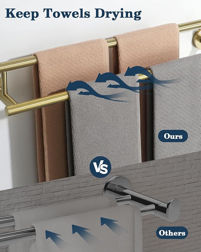 Alise Double Bath Towel Bars Towel Racks for Bathroom Lavatory,24 Inch Towel Holder SUS304 Stainless Steel Towel Hanger Towel Rail Wall Mount,Brushed Gold,GYT6902-G