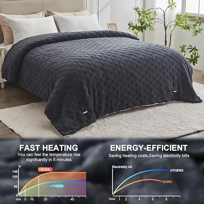 Electric Heated Blanket Twin Size - Jacquard Checkered Sherpa 62"x84" Fast Heating Bed Blankets with 6 Heating Levels & 10 Hours Auto Off, Over-Heat Protection ETL, Dark Gray