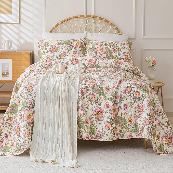 Cmfshape Floral Quilt Sets Bedspread Set 100% Cotton Bedding Set, All Season Use Lightweight Reversible Coverlet Quilts with 2 Pillow Shams(King 106"x96")