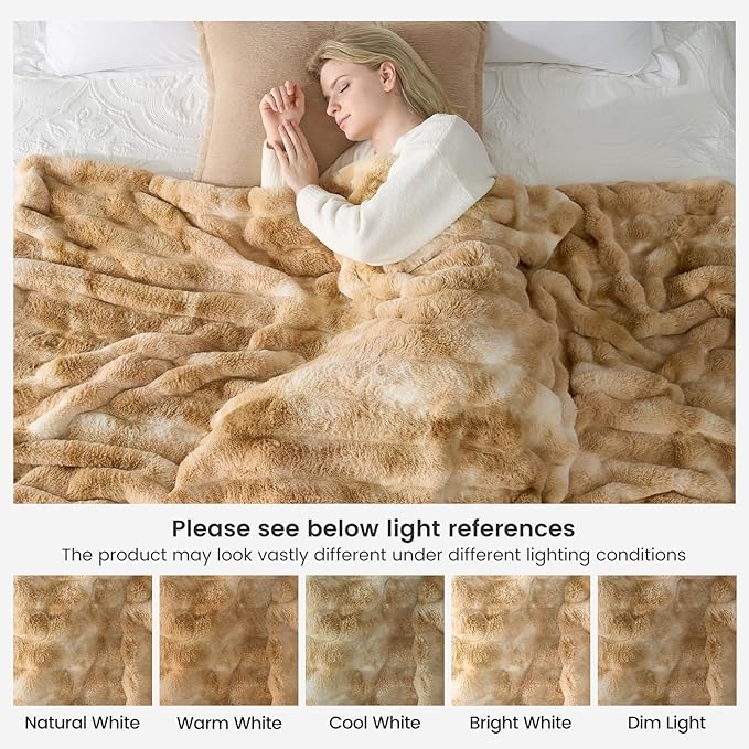 Cozy Bliss Faux Fur Throw Blanket for Couch, Fuzzy Soft Plush Thick Striped Blanket for Sofa Bedroom Living Room, 50 * 60 Inches Tie-dye Khaki