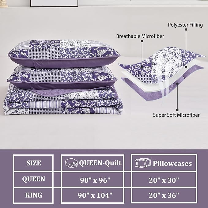 Mybedsoul Purple Quilt Set King Size Quilt Bedding Set Brown Plaid,3 Pieces Floral Patchwork Reversible Bedspread Coverlet Set for All Season,Soft Microfiber Bedding Set King 90"x104"