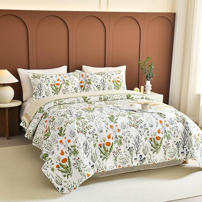 Lady Ann Oversized King Bedspreads 128x120,100% Cotton Floral Quilt Coverlet California King Size Extra Large Yellow Flowers & Leaves Pattern Plant Botanical Printed Lightweight Bedding Set, 3Pcs