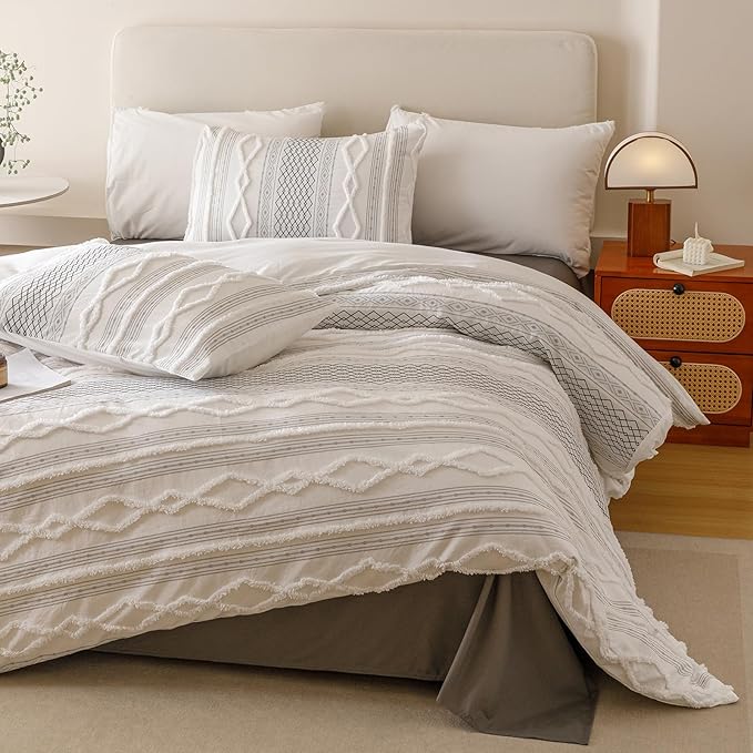 Cottonight White Black Boho Comforter Set Full Farmhouse Tufted Bedding Set Soft Bohemain Shabby Chic Blanket Quilts Embroidery Rustic Luxury Soft 3PCS Bed Set for Women Men