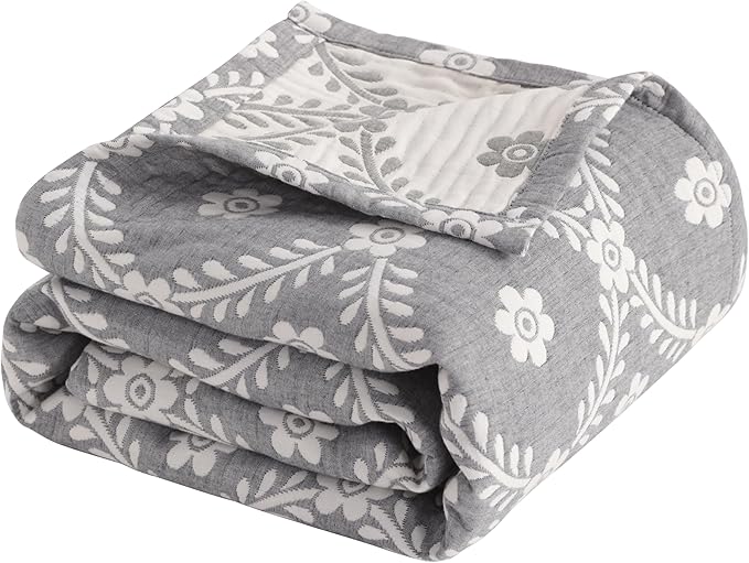 NTBAY 3 Layers Cotton Muslin 88x92 Queen Bed Blanket, Super Soft Breathable Thermal Yarn Dyed Quilt for Adults, Perfect Lightweight Blanket for Couch Sofa Bed All Seasons, Grey Garlands