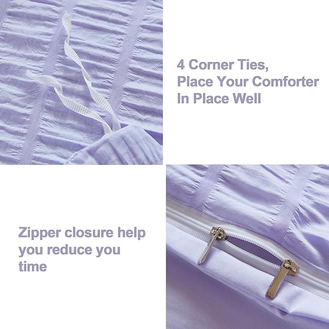 AveLom Lavender Purple Seersucker Duvet Cover Set King (104 x 90 inches), 3 Pieces (1 Duvet Cover + 2 Pillow Cases), Ultra Soft Washed Microfiber, Textured Duvet Cover with Zipper Closure, Corner Ties