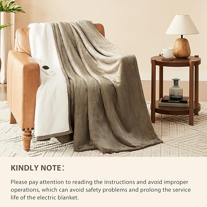 Homemate Electric Heated Blanket Queen Size - 84"x90" Heating Blanket Queen Size Dual Control 1/2/4/6/8 Hours Auto-Off 10 Heat Level Over-Heat Protection Flannel Sherpa ETL Certification