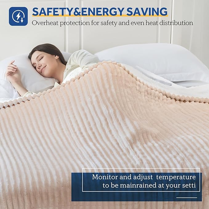 SEALY Electric Blanket Full Size, Soft Ribbed Flannel to Sherpa Reversible Heated Blanket with 10 Heat Settings & 1-12 Hours Auto-Off Overheat Protection, Machine Washable, 72"x84" Beige