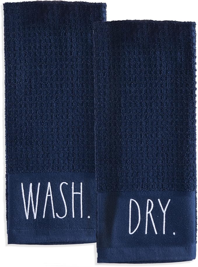 Rae Dunn Set of Hand Towels for Kitchen and Bathroom, 100% Cotton, Embroidered Dish Towels, Decorative Hand Towels, Navy- Wash/Dry, 2 Pack