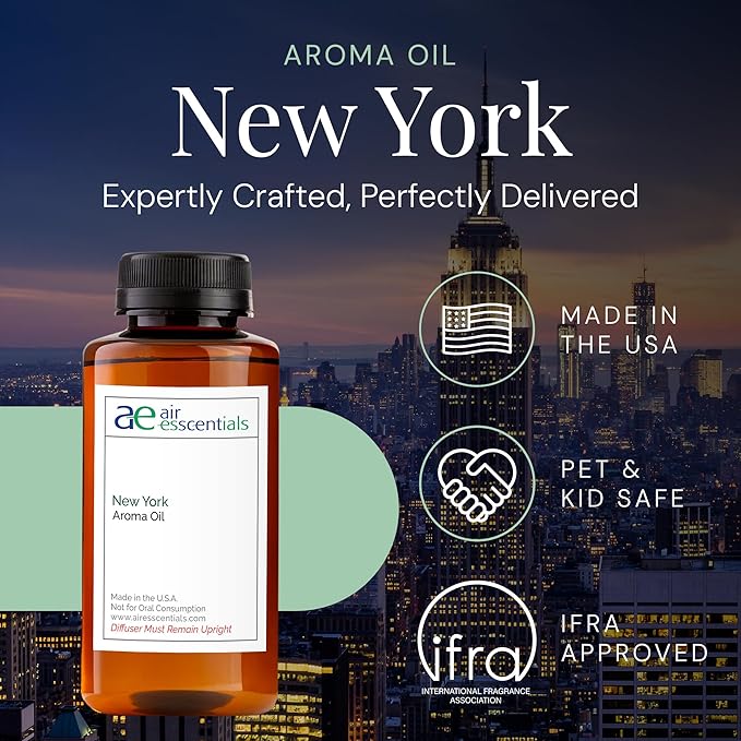 New York Aroma Oil, Essential Oils Blend for Diffusers & Scent Machines, Elegant Cedarwood & Spicy Clove, Aromatherapy, Cold Air Diffuser Compatible, 300 mL