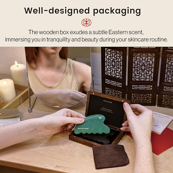 Rena Chris Gua Sha Facial Tool, Natural Jade Stone Body Gua sha with Exquisite Wooden Box, Large Guasha Suitable for Face Lifting, Puffiness Reducing and Whole-Body Massage, Skin Care Massager