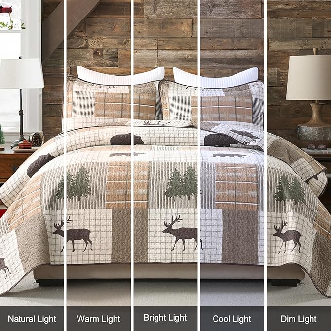Uniclinens 100% Cotton Quilts Queen Size - Farmhouse Cabin Lodge Bear Deer Tree Quilt Set, Soft Patchwork Plaid Bedspreads Lightweight Quilted Comforter with 2 Pillow Shams, Green/Brown/Cream