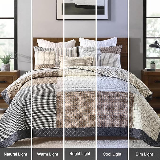 Uniclinens Quilt Set King Size, 100% Cotton Quilted Quilt Bedding Set Bedspread, Real Patchwork Plaid Quilt, Lightweight Quilted Comforter Set, 3 Pieces Set with 2 Pillowshams, Brown/Beige/Gray