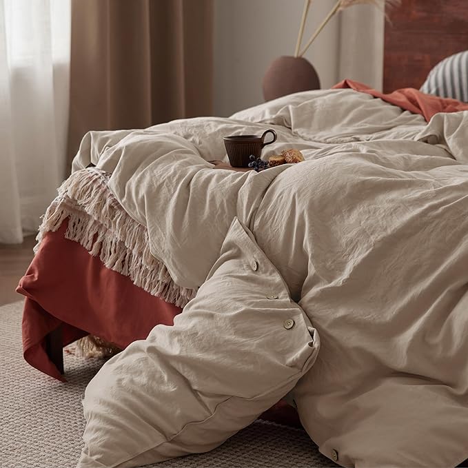Bedsure Linen Duvet Cover Queen Size - Linen Cotton Blend Bedding Set, Soft & Cozy, 3 Pieces, 1 Duvet Cover 90x90 Inches and 2 Pillowcases, Warm Tan Color Cooling Bedding, Comforter Sold Separately