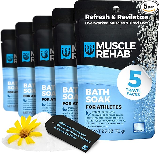 Muscle Rehab| (5) Travel Epsom Soak Packets Arnica, Magnesium Salt, Body, Hand, Foot Pain Relief, Sore Feet Relief, Foot Bath Soak, Epson Salts for Soaking Feet, Stiffness and Pain Relief, Single use