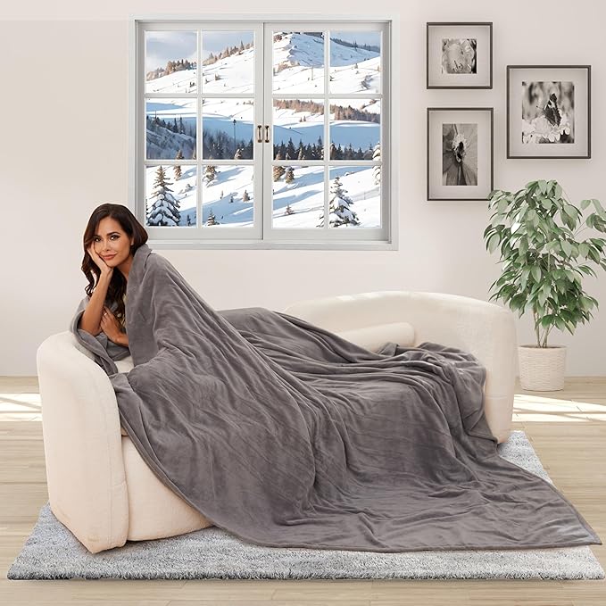 Electric Heated Blanket 84"x90" Queen Size, Soft Coral Fleece, Dual Controllers with 4 Heating Levels and 10 Hours Auto-Off, Machine Washable, Cozy Plush Fabric for Home, Light Grey