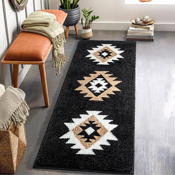 DEXDE Boho Bathroom Rugs Runner 20x47, Black Aztec Western Bath Mat Non Slip Long Luxury Large Bath Rugs Soft Absorbent Carpet for Shower Kitchen Entryway Modern