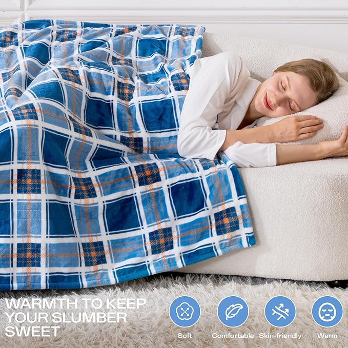 Electric Heated Blanket Twin - 62"x84" Heating Bed Blankets Throw with 10 Hours Auto Off 8 Fast Heating Levels Over-Heated Protection Soft Warm Flannel Sherpa Machine Washable ETL Certified Blue Plaid