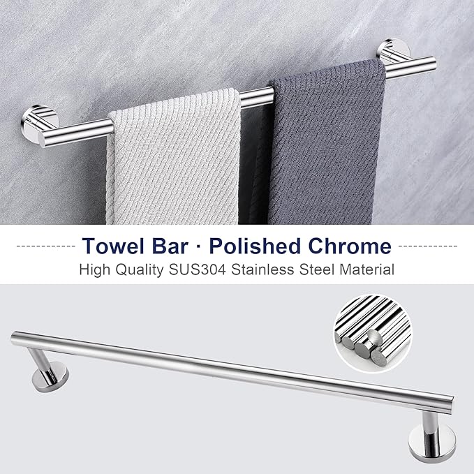 Lairuier 5 Pieces Polished Chrome Bathroom Accessories Set, SUS304 Stainless Steel 24 Inch Bath Towel Bar Set, Round Toilet Paper Holder Set Wall Mounted
