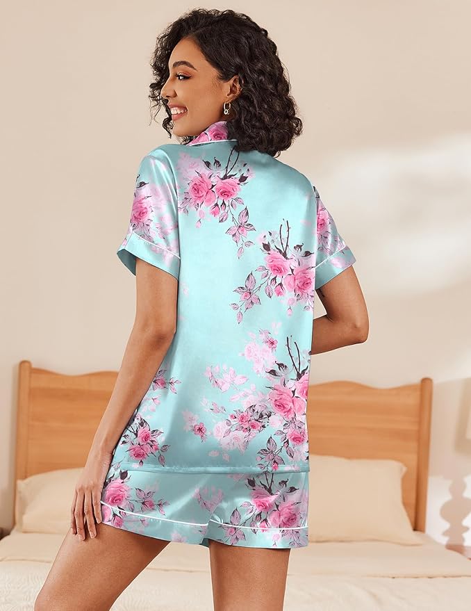 Ekouaer Pajamas for Women Set Silk Satin Pjs Shorts Sleepwear 2 Piece Loungewear S-XXL