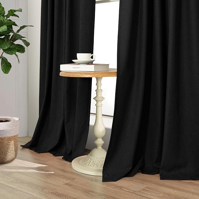 Pitalk Black Out Curtains 108 Inch Long 2 Panels Gothic Elegant Modern Linen Textured Drapes for Living Room Darkening Summer Heat Winter Cold Blocking 100% Blackout Curtain Window 108 Length Back Tab